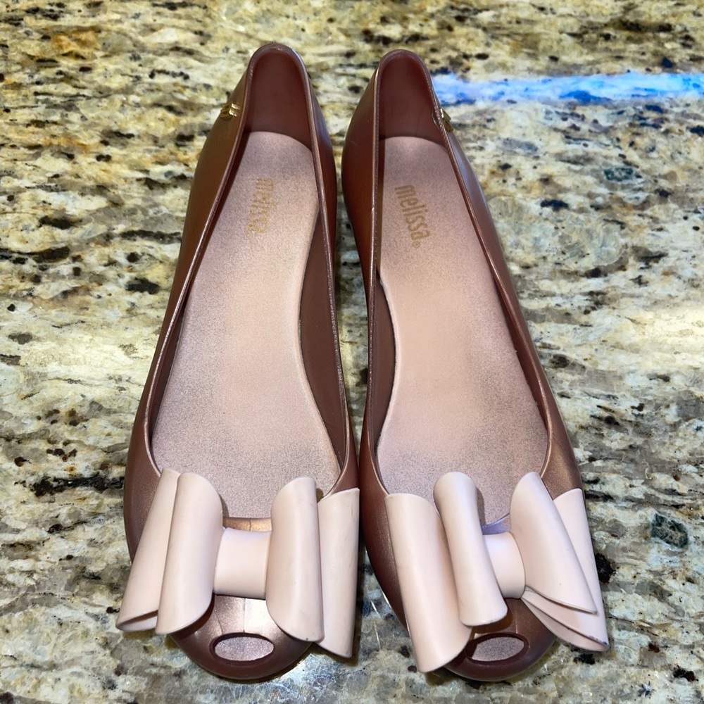 Melissa 'Ultragirl Sweet IX' Bow Flats girls shoes in ROSE GOLD size 3 youth